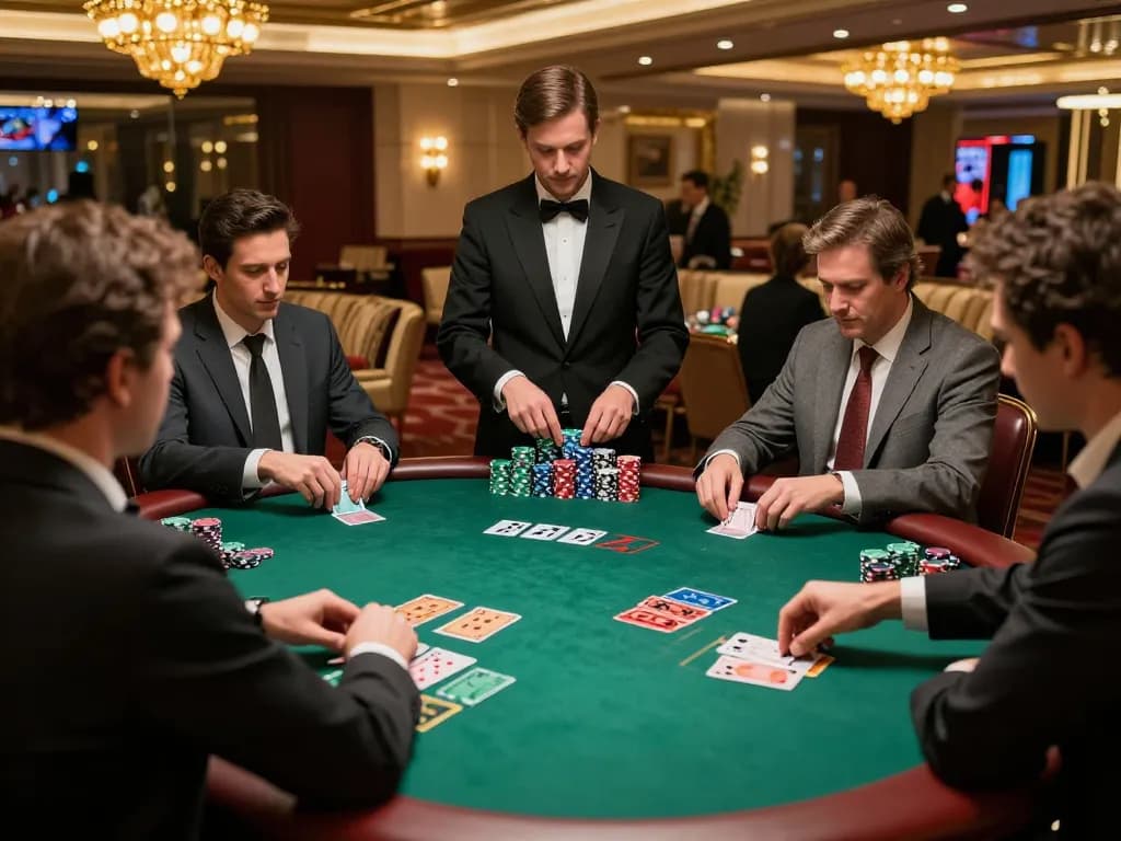 Players at qq8827 blackjack table strategizing their moves in an upscale casino atmosphere, with vibrant decor and luxury details.