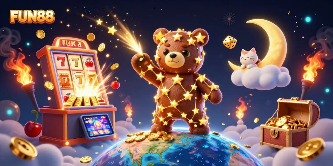 Experience the excitement of FUN88 with a captivating casino-themed illustration showcasing digital gaming elements and rich colors.