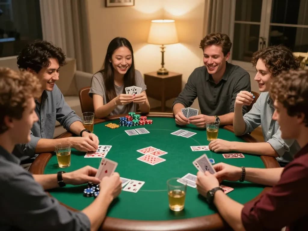 Friends at home playing poker with kjc chips and cards, creating a lively gaming atmosphere.