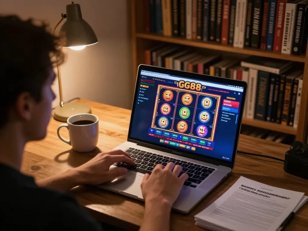 Player engaging with GG88 online casino on a laptop, showcasing vibrant slot games in a cozy setup.