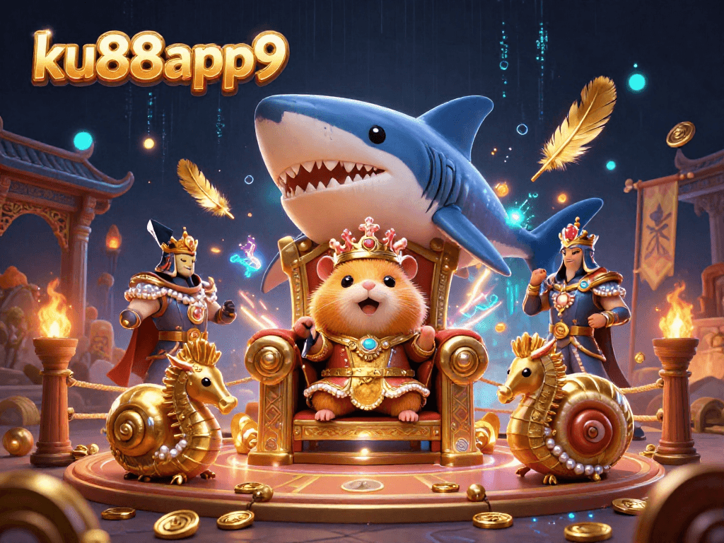 Experience thrilling wins with ku88app9 against a dazzling casino backdrop featuring a fierce hamster king.