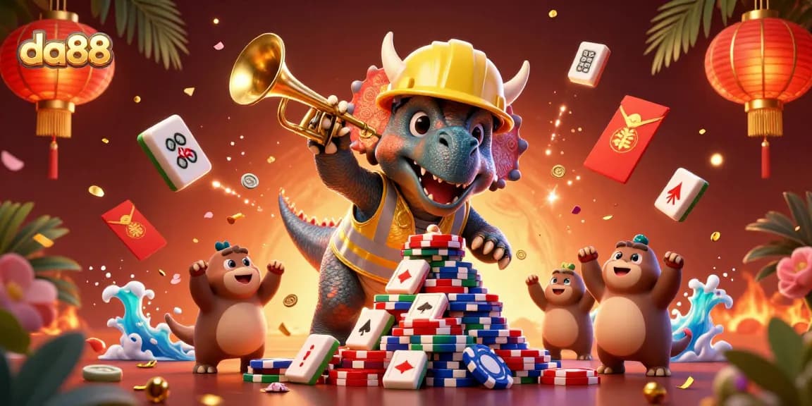 Celebrate winning moments at da88 with a vibrant scene of animated dinosaurs building poker chip towers.