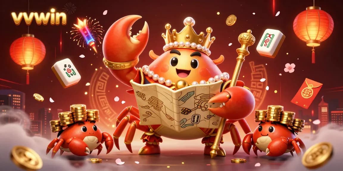 Win big at vvvwin with a vibrant illustration of a golden crab emperor and gambling elements.