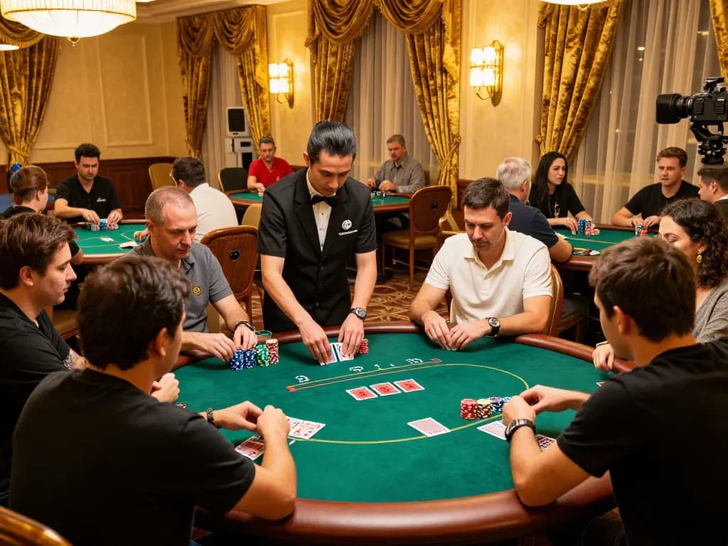Players at a poker table in a luxury casino setting strategizing their bets with GG88.