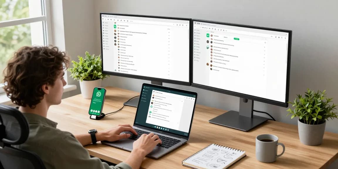 Dynamic workspace featuring WhatsApp電腦版 on laptop with chat windows.