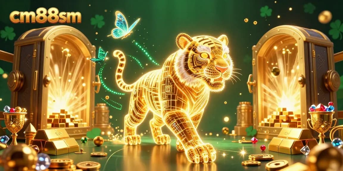Engage with cm88sm's thrilling digital casino adventure featuring vibrant golden tiger and sparkling treasures.