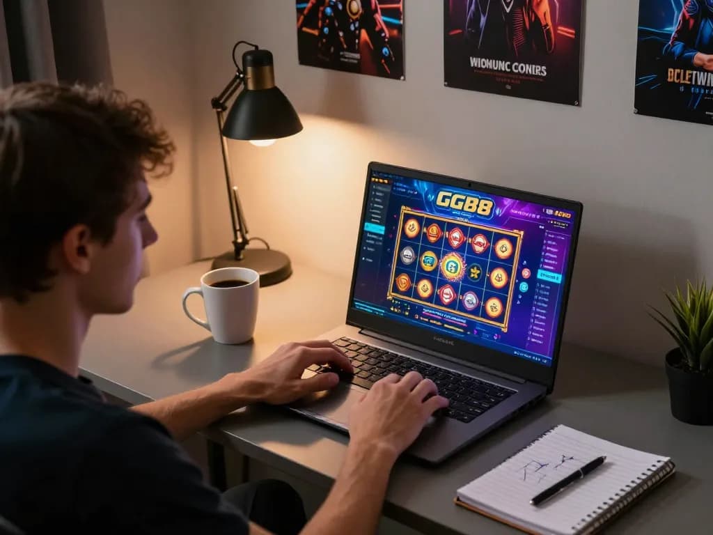 Player engaging with GG88 online gaming interface at home with vibrant graphics and cozy atmosphere.