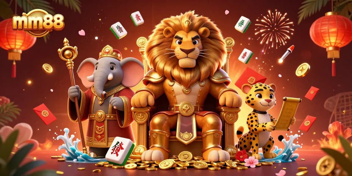 Experience the vibrant world of mm88 with a majestic lion king on a throne of gold coins, flanked by wise and quick characters.