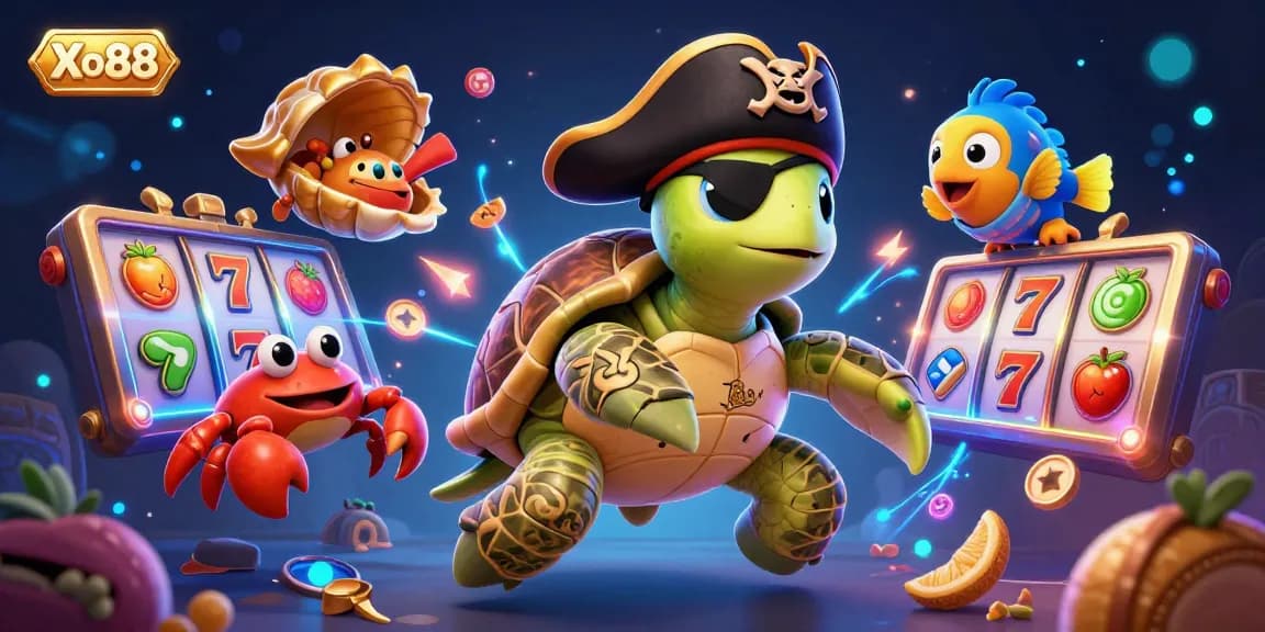 Xo88 pirate turtle explores slots with treasure in vibrant 3D casino scene.