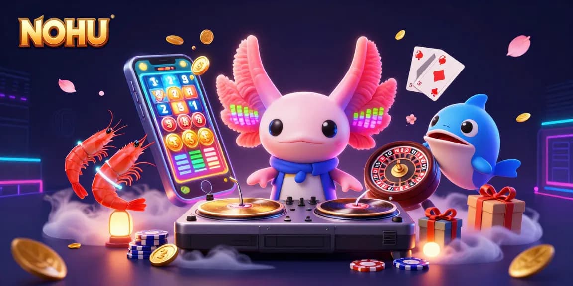 Engage in the vibrant world of NOHU with a neon axolotl DJ orchestrating an exciting slot game environment.