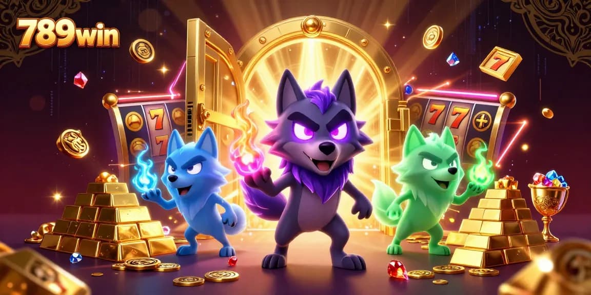 Experience thrilling games at 789win with a treasure-filled scene featuring ghostly wolves and slot elements.