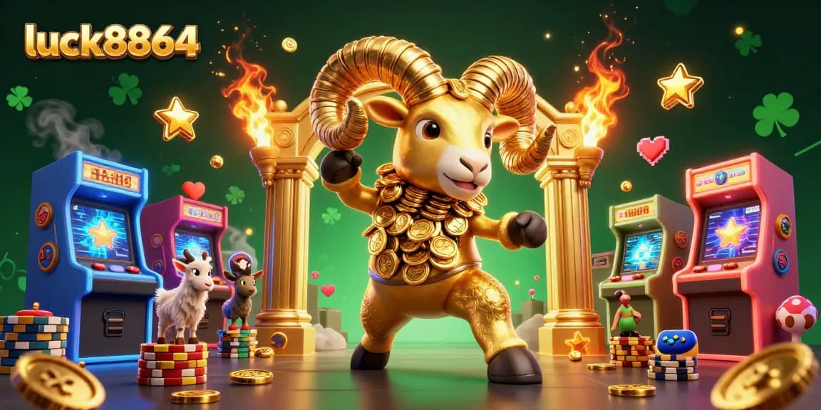 Experience thrilling gaming action with luck8864 featuring a golden ram and arcade elements.