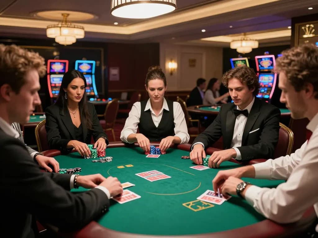 O8 players engaging in an intense poker game, showcasing chips and cards in an elegant casino environment