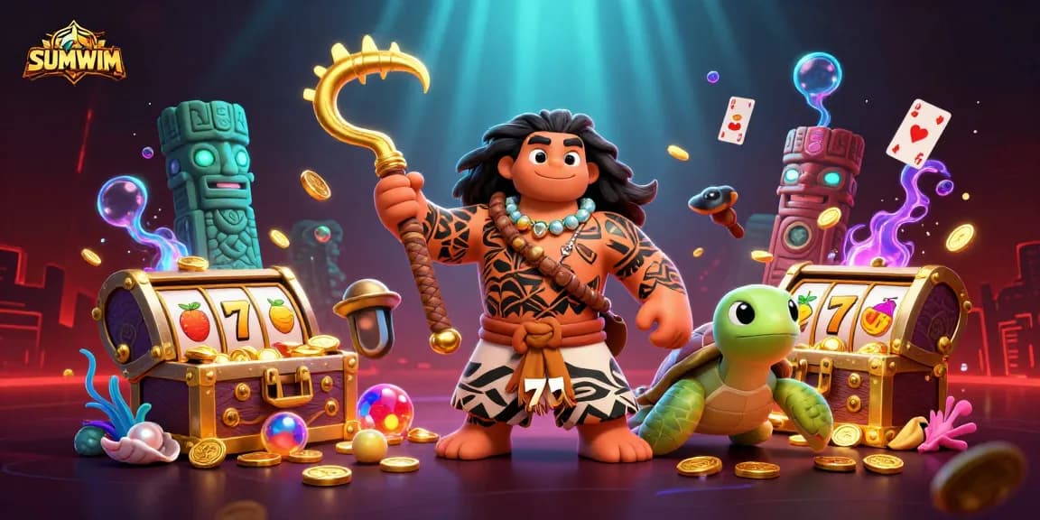 Engage in thrilling gameplay with SUMWIM's vibrant 3D casino illustration featuring immersive slot elements.