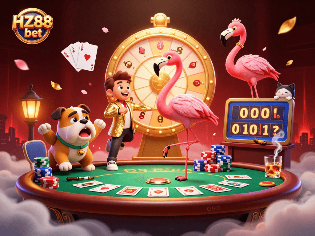 Experience the thrill of HZ88 bet with engaging characters and exciting casino elements in a vibrant gaming scene.