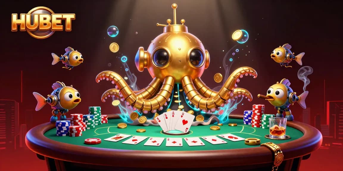 Experience thrilling moments at HUBET with a golden kraken submarine and poker elements.