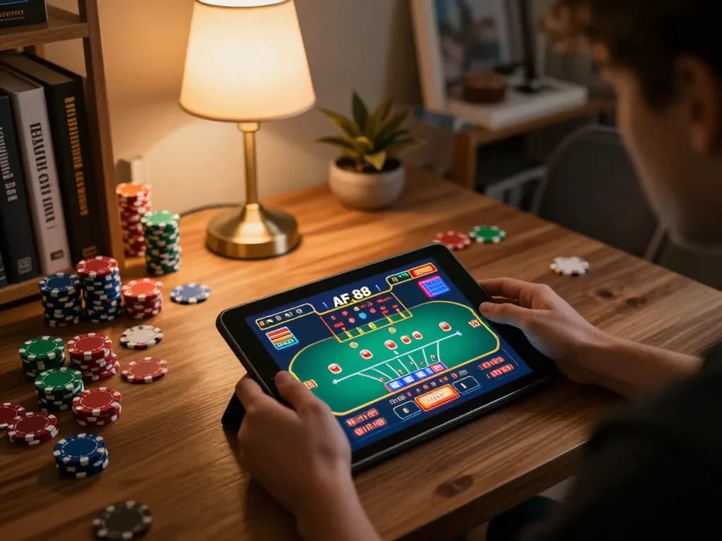 Engaging home setup for AF 88 online gaming with vibrant poker interface and cozy atmosphere.