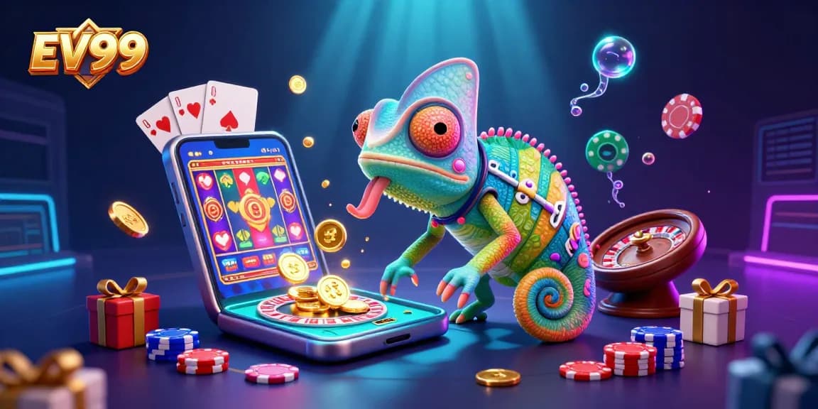 Play exciting casino games at EV99 with a colorful, dynamic scene filled with rich gaming elements.