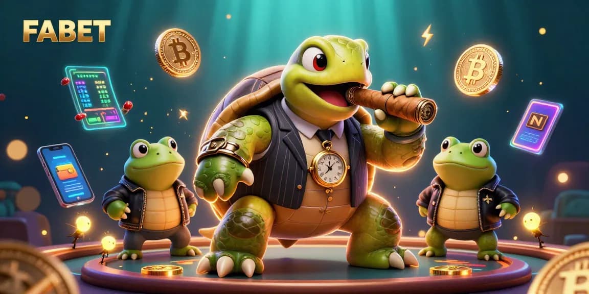 Betting with FABET's vibrant 3D casino characters, featuring a mobster turtle and bullfrog enforcers with crypto elements.