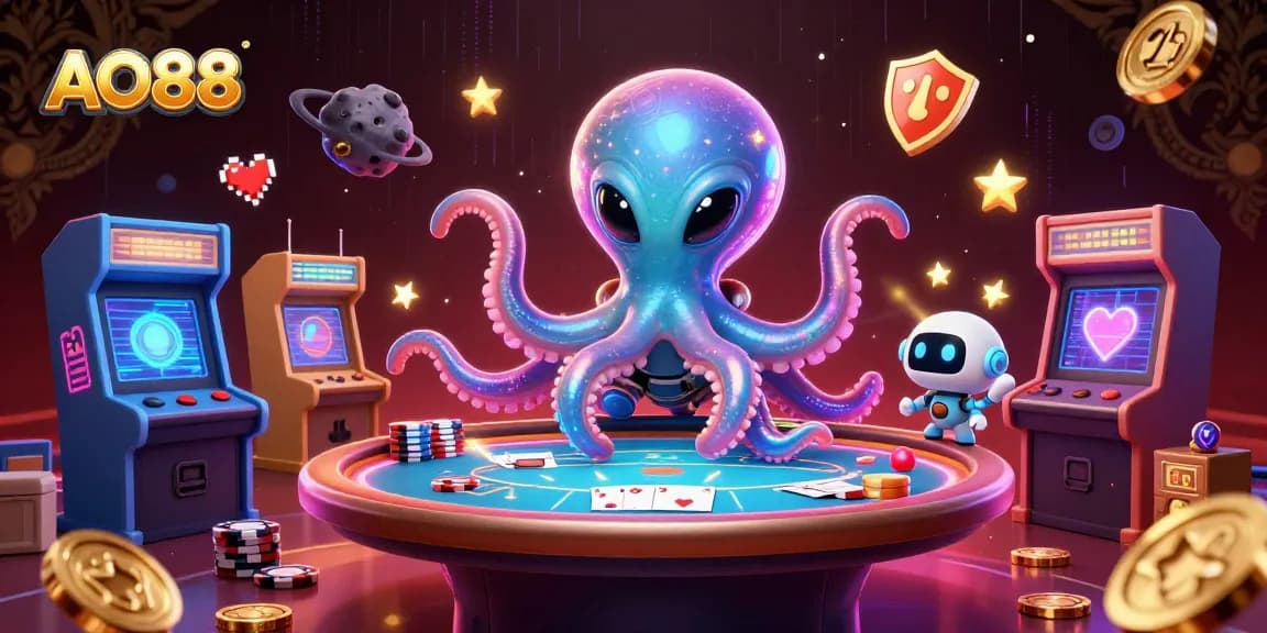 Engage in thrilling poker action with AO88's alien octopus dealer and vibrant gaming backdrop.