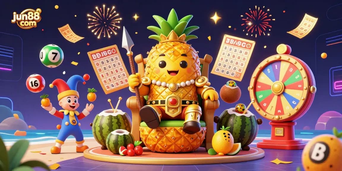 Join the fun on jun88 com with the golden pineapple king and festive gambling elements in this vibrant casino scene.