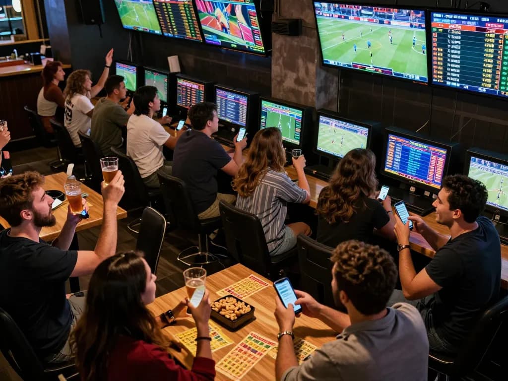 MM88 players cheering while placing sports bets in a vibrant sports bar atmosphere.