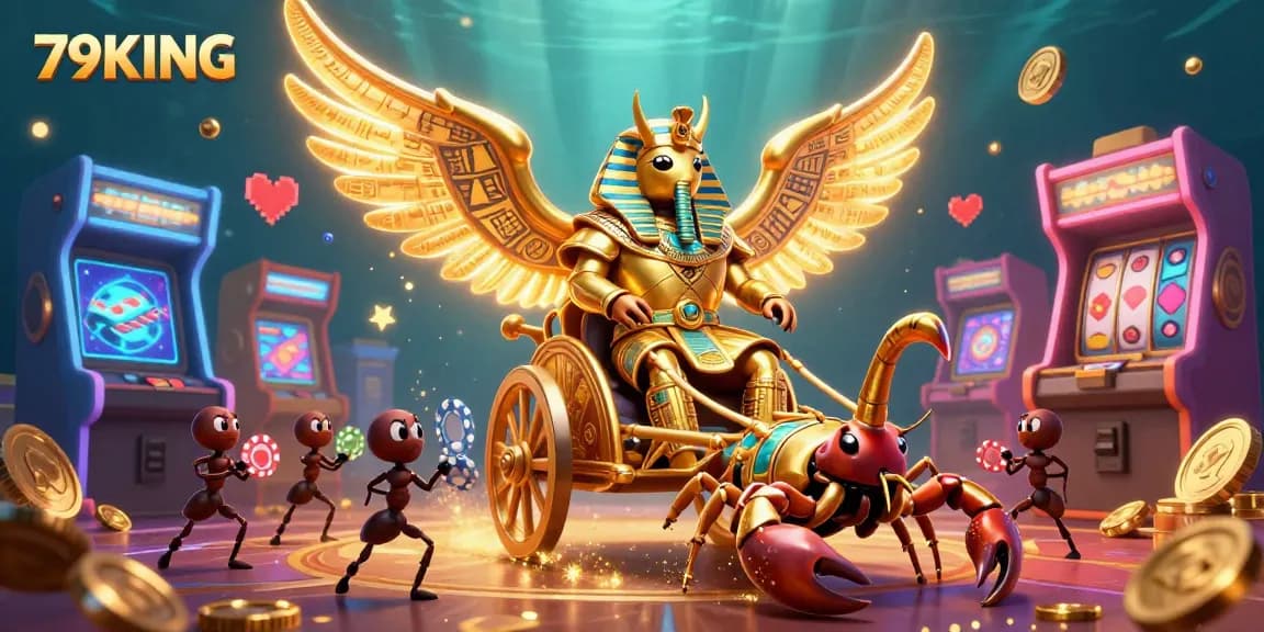 Experience thrilling gaming at 79KING with vibrant characters, golden scarabs, poker chips, and classic arcade elements in a packed casino scene.