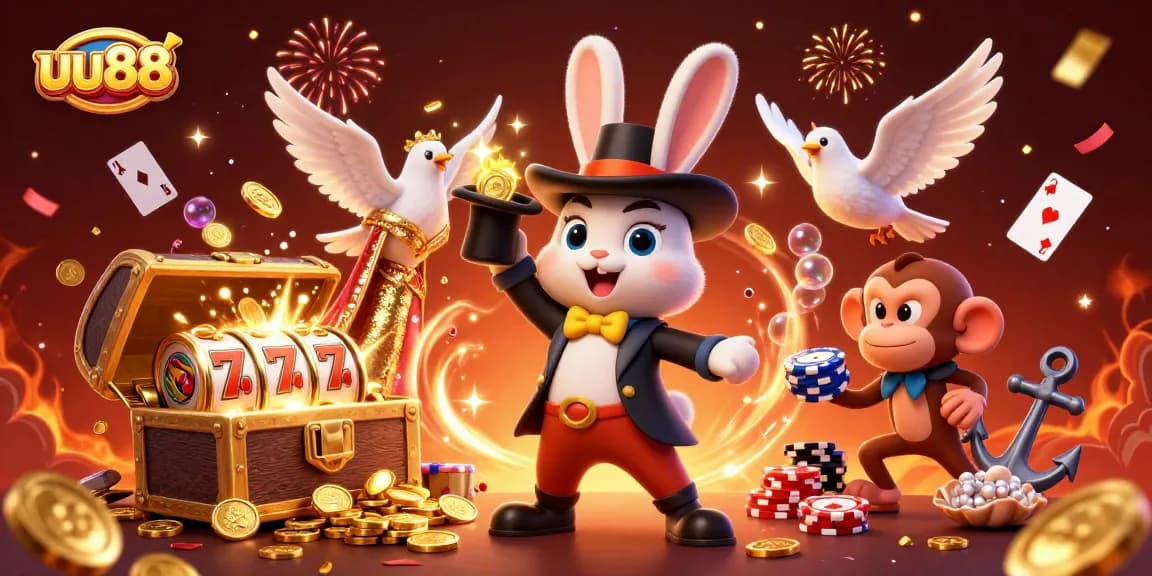 Engage with UU88's exciting gaming scene featuring a magician rabbit, dove, and monkey amidst vibrant casino elements.