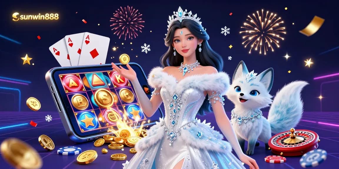 Experience sunwin888’s excitement with a mesmerizing ice queen illustration, showcasing vibrant casino games.