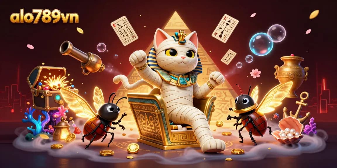Experience the excitement of alo789vn as a digital mummy cat bursts from a sarcophagus amid floating playing cards and treasures