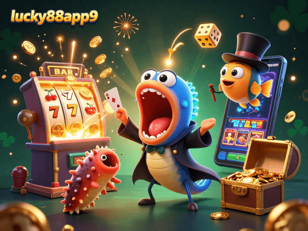 Engage with lucky88app9 through a vibrant scene of underwater magic featuring casino elements and dynamic characters.