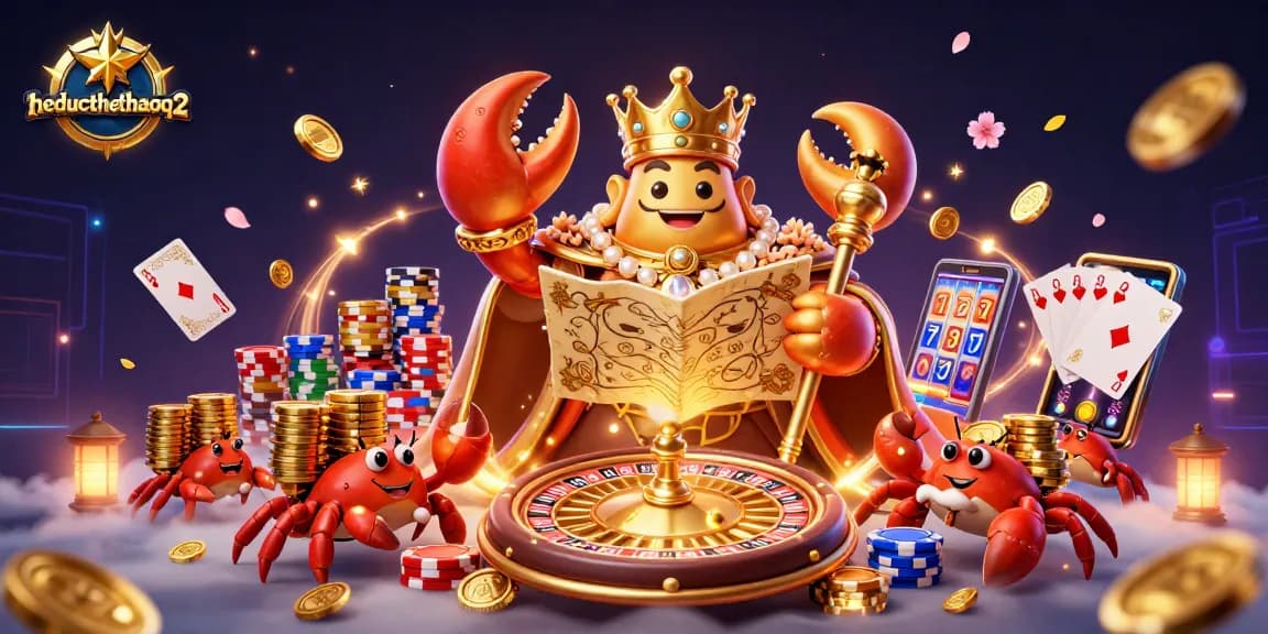 Experience the excitement at theducthethaoq2 with a golden crab emperor amidst casino elements.