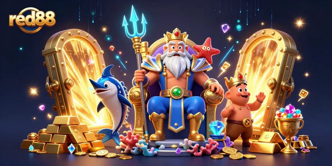Experience the thrill of red88 with Neptune, treasure, and vibrant casino elements in a dynamic scene.