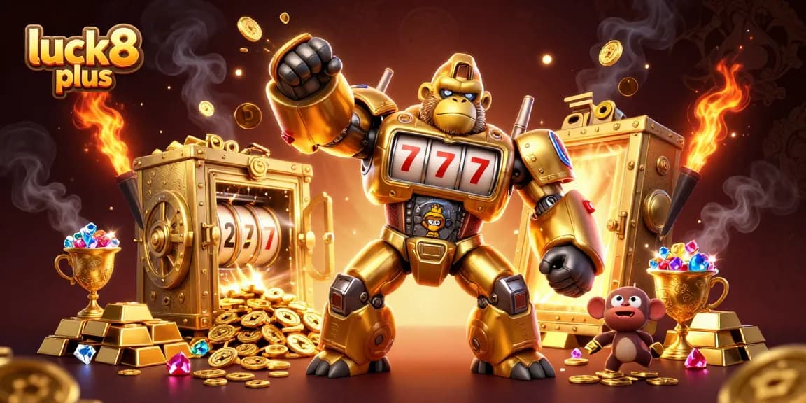Engage with exciting games on luck8 plus featuring a dynamic golden gorilla mech and treasure.