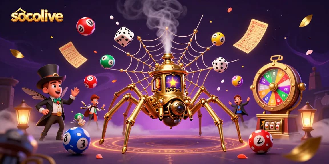 socolive spins colorful lottery balls with a steampunk spider catching dice, creating an engaging casino atmosphere