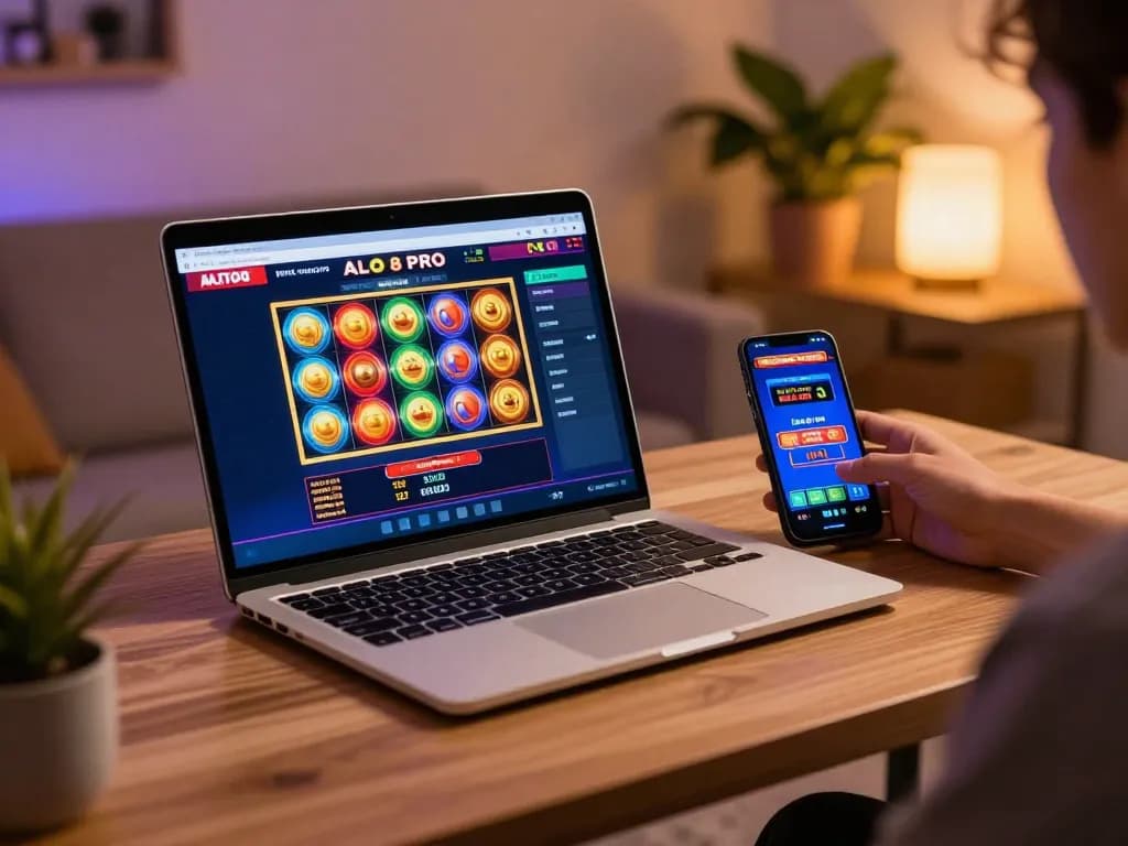 Engaging online gaming scene featuring ALO8 PRO casino interface on laptop and smartphone for a comprehensive experience