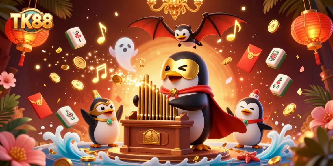 Experience the excitement of TK88 as a phantom penguin generates wins with golden coins in a lively casino scene.
