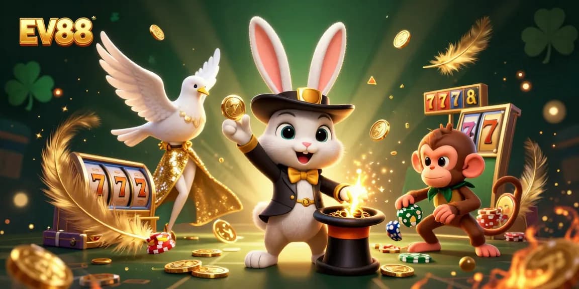 Win big with EV88's legendary rabbit magician pulling golden coins, surrounded by vibrant casino elements.