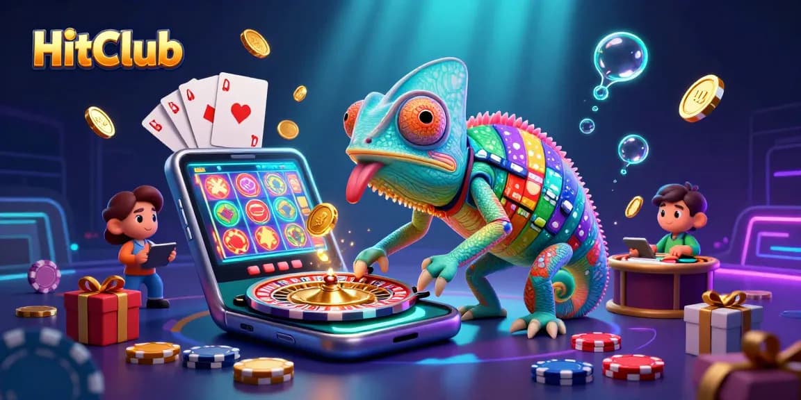 HitClub showcases an energetic casino scene with a colorful chameleon owner snapping coins and vibrant slot games.