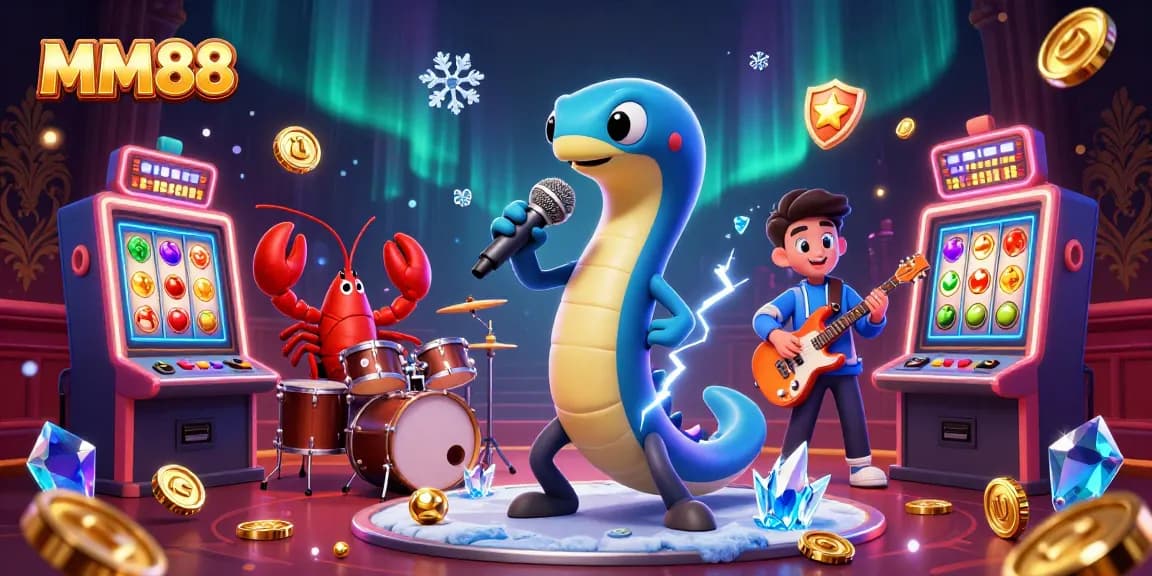 Experience the thrilling world of MM88 slots with electric eel DJ and vibrant casino elements.