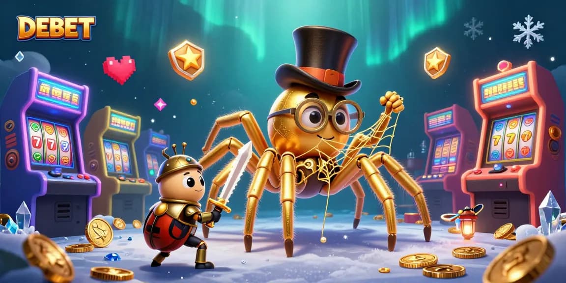 Engage with DEBET's vibrant casino scene featuring game characters and dynamic elements.