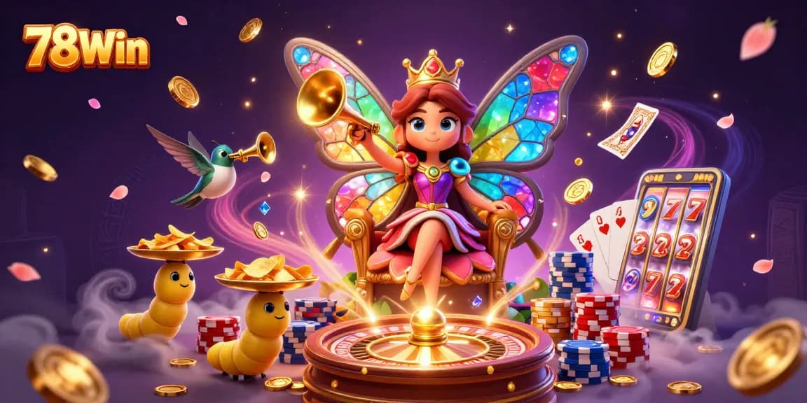 Experience the vibrant world of 78Win with colorful casino elements and the butterfly queen in a dynamic scene.