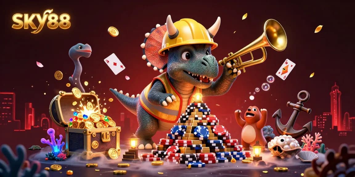 Experience thrilling gambling moments with SKY88 in a dynamic 3D casino scene filled with celebration and excitement.