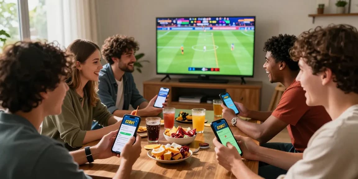 Group of friends excitedly using the 22Bet app to place bets during a live sports event.