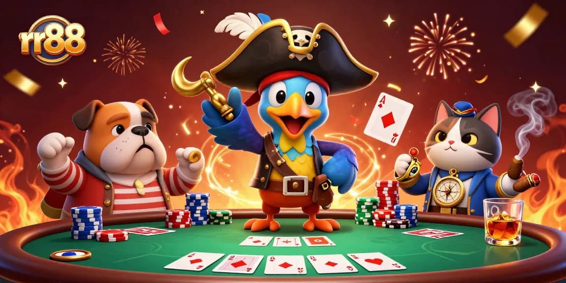 Experience thrilling gameplay at rr88 with poker chips, cards, and interactive characters.