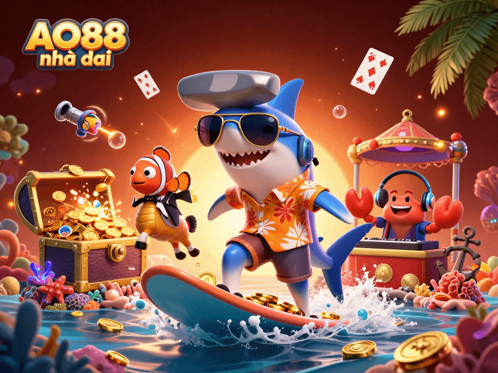 Experience exciting gaming at AO88 nhà cái with a vibrant underwater scene featuring energetic characters and casino elements.