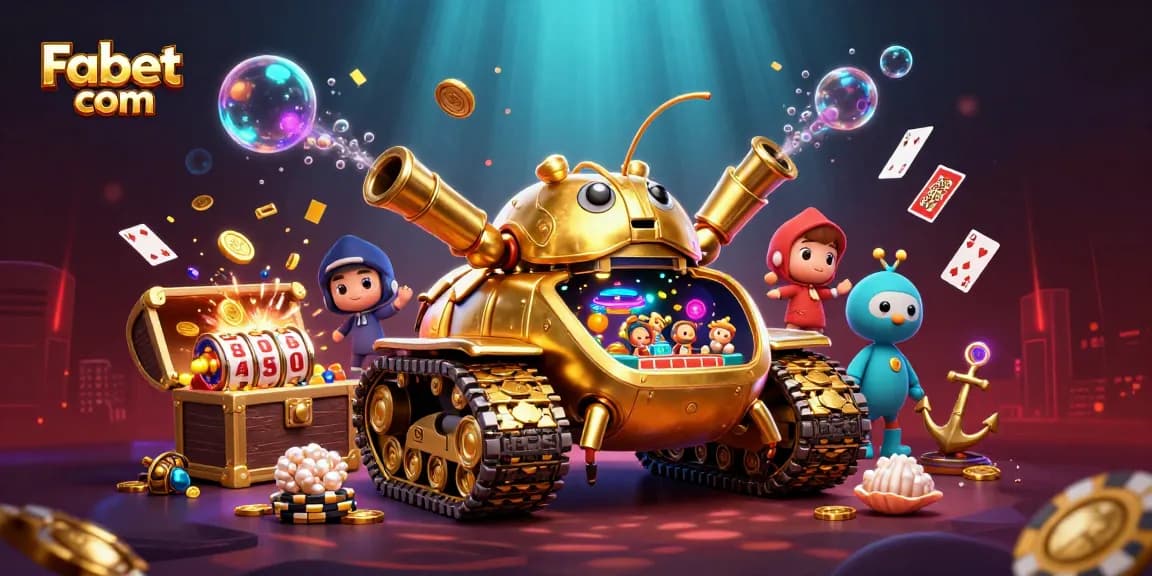 Experience Fabet com's exciting gaming adventure with a cartoon tank-shaped casino bursting with action and treasures.