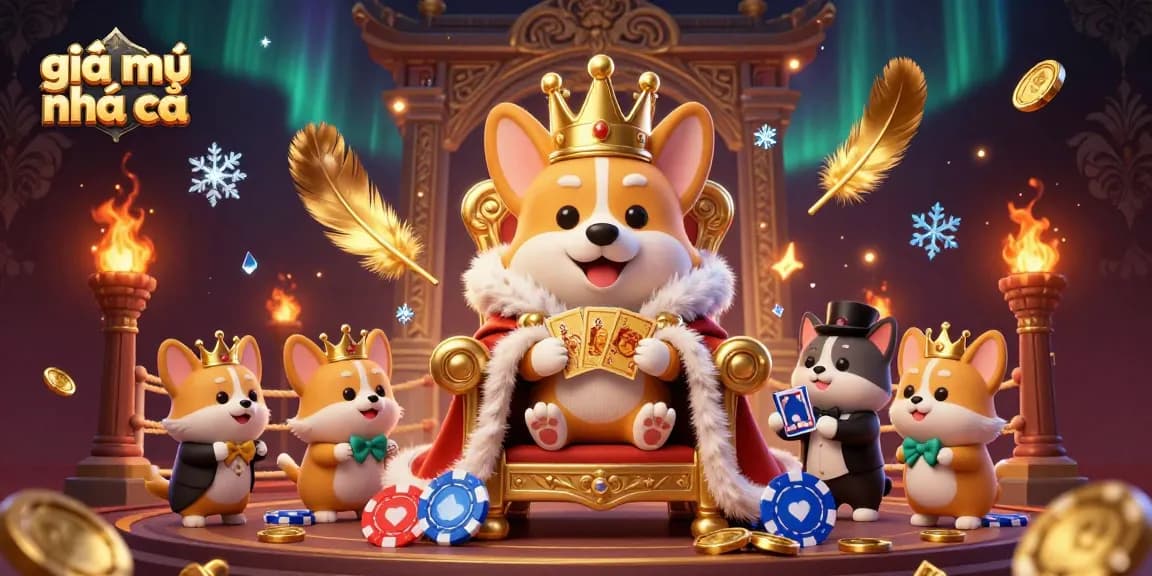 Experience the vibrant scene of "giải mã nhà cái," where royal corgis explore the thrill of online gambling.