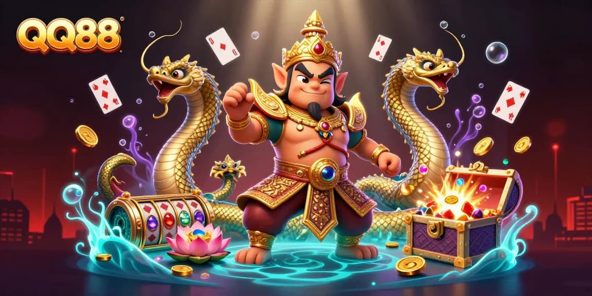 QQ88 showcases vibrant gaming elements with a Thai guardian amidst floating cards and treasures.