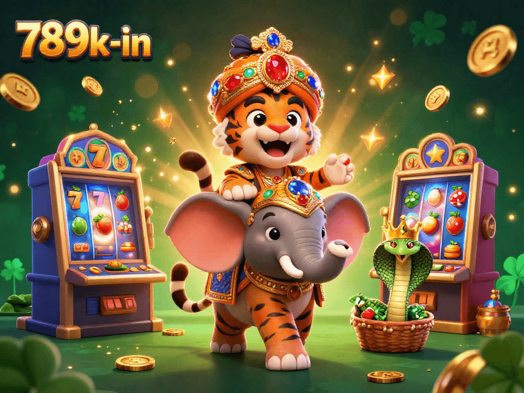 Spin and win at 789k-in with vibrant slot machines, a majestic tiger, and game-winning elements.